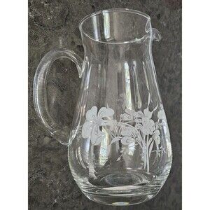 Vintage Pasabahce Turkey Etched Glass Pitcher White Floral Clear Glass Jug Pour